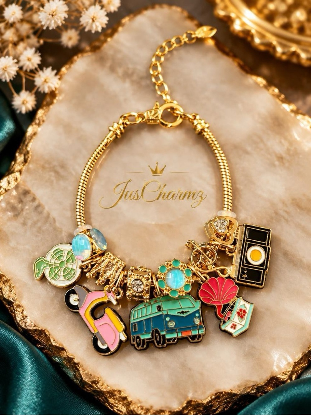 Hand Crafted Gold Charm Bracelet with Turquoise, Pink, Red & Green Accents